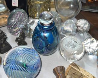 Eickholt blue glass perfume bottle (center and other beautiful vintage glass paperweights