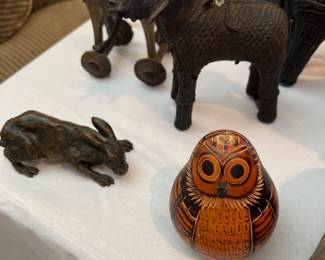Peruvian folk art owl and bronze animal figurines