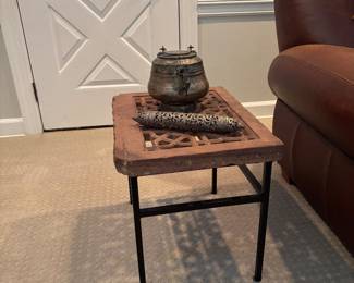 Spanish style side table; Japanese tea kettle
