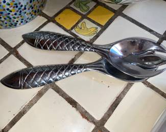 Vintage cast-aluminum fish-shaped salad servers