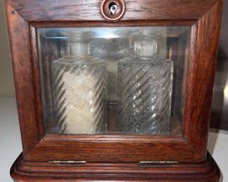Antique wooden, lockable liquor caddie box with decanters (sold separately)