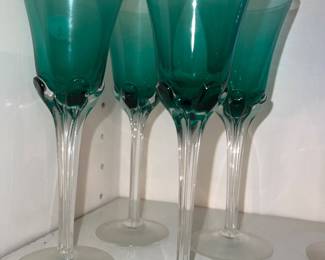 Vintage hand-blown petal stem green goblets