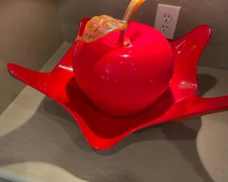 Handblown Glass Art Red Apple Sitting In Red Glass Dish