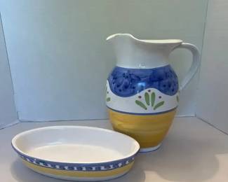 Caleca Italian Pottery Pitcher chip  Oval Dish chip, crazing