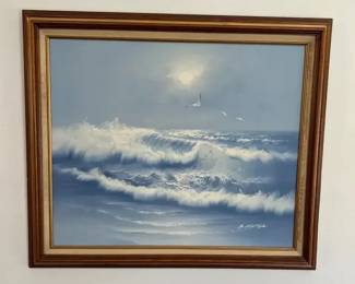 Framed Coastal Ocean Painting 24 X 28, Signed  Seascape, Blue, White