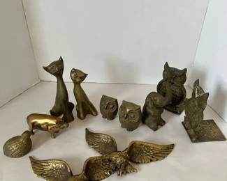 Brass Animals  Wall Mount Eagles, Owl Bookends, Elephant, Cats  11Pieces