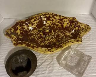 Lot of 3 Vintage Ashtrays, 1 Ceramic Chips Signed, 1 Cast Iron Owl, 1 Glass Square