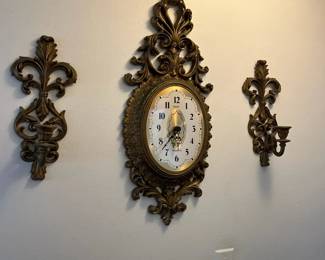 Vintage Burwood Homco Ornate Gold Hollywood Regency Wall Clock and 2 Candle Sconces  Resin