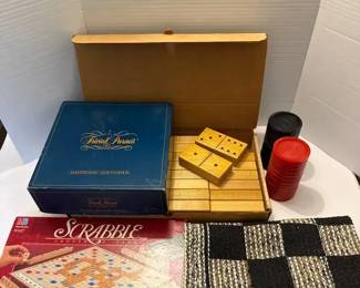 Vintage Board Game Lot, Large Wood Dominoes, Redwood Scrabble, Trivial Pursuit, CheckersTicTacToe