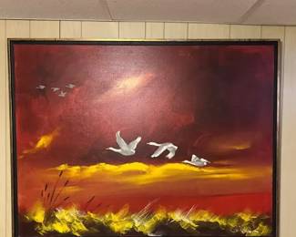 Large Framed Seagulls at Sunset Painting, Signed 38 X 50  Vintage Landscape, Cattails