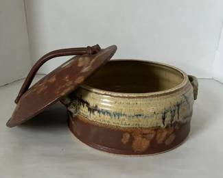 Studio Art Pottery Casserole DishBowl With Lid  Signed, Earth Tone Glaze, Signed