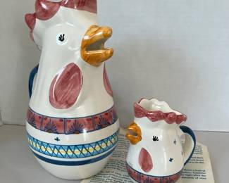 Pair 2 Giovanni Vietri, Rooster Shaped Pitchers, Hand Painted Ceramic Vintage Italy
