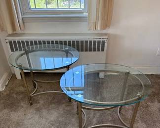 Pair 2 Gold Tone Matching Side Tables, Oval Glass Tops, Brass Claw Feet
