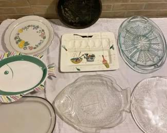 Lot of 8 Fun Serving Platters  Caleca Pottery Fish, Vintage Egg Tray, Noritake and more.