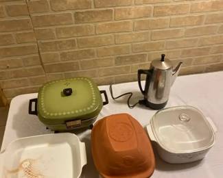 Vintage Kitchenware  GE Electric Skillet, Presto Elec. Coffee Maker, Clay Roaster, more.