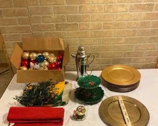 Christmas Decor Lot  Ornaments, Lights, Gold Tone Chargers, Pier 1 Placemats, more