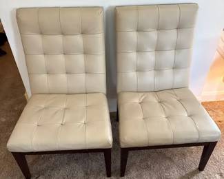 Pair 2 Cream Faux Leather Tufted Accent Chairs with Wooden Legs