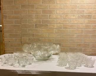 Vintage Glass Punch Bowl Set with Extra Glass, Hooks