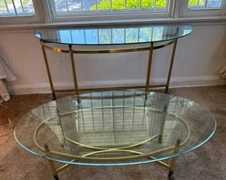 2 Tables, Glass Oval Coffee Table and SemiCircle Sofa Table  Gold Tone, Brass Clas Feet