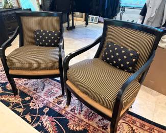 French Contemporary Chairs with Ebonized Wood and Striped Upholstery 
