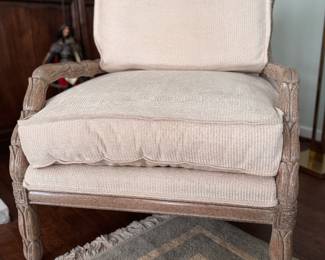 Marge Carson Weathered Wood French Bergere Chair & Ottoman. Chair Measures 30" W x 24" D x 20" H to Finial. Ottoman Measures 32" W x 34" D. Photo 2 of 9.