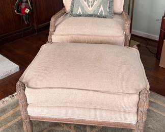 Marge Carson Weathered Wood French Bergere Chair & Ottoman. Chair Measures 30" W x 24" D x 20" H to Finial. Ottoman Measures 32" W x 34" D. Photo 1 of 9.