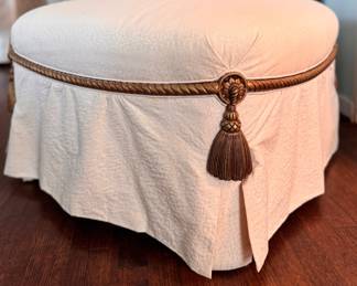 Baker Furniture Hollywood Regency Style Ottoman With Hand-Carved Wood Braided "Welt" And Tassel. Measures 28" x 28" x 19" H. Photo 1 of 3.
