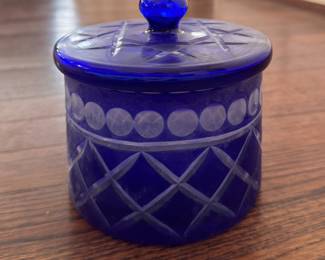 Cobalt Blue Lidded Jar. Measures 6" D x 4" H. Photo 1 of 2.