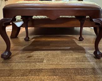 Hickory Chair Leather Upholstered Bench with Cabriole Legs and Ball & Claw Feet. Measures 17" x 34" x 20" H. Photo 2 of 6.