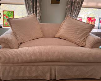 Marge Carson Upholstered Loveseat with Down-Filled Cushions. Measures 72" W x 40" D. Photo 1 of 3.