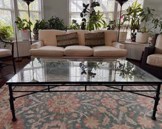 Giacometti Style Patinated Wrought Iron Coffee Table with Glass Top. Measures 40" x 60" x 18" H. Photo 1 of 6.