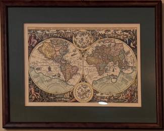 Framed Double Hemisphere World Map.