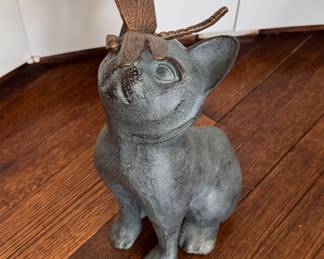 Garden Statue: Bronze Cat with Copper Butterfly on Nose. Photo 1 of 2.