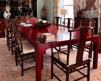 Red Lacquer Dining Table with Asian Styling Pictured with Michael Taylor For Baker Dining Chairs. Table Measures 55" x 106" x 29.5" with a 25.5" Clearance. Photo 1 of 5.