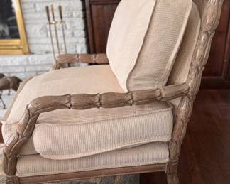 Marge Carson Weathered Wood French Bergere Chair & Ottoman. Chair Measures 30" W x 24" D x 20" H to Finial. Ottoman Measures 32" W x 34" D. Photo 3 of 9.
