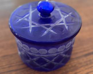 Cobalt Blue Lidded Jar. Measures 6" D x 4" H. Photo 2 of 2.