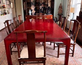 Red Lacquer Dining Table with Asian Styling Pictured with Michael Taylor For Baker Dining Chairs. Table Measures 55" x 106" x 29.5" with a 25.5" Clearance. Photo 2 of 5.