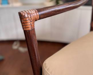 Pair of McQuire Bamboo Dining Chairs with Leather Upholstered Seats. Each Measures 24" W x 24" D with 19" Seat Height. Photo 3 of 4.