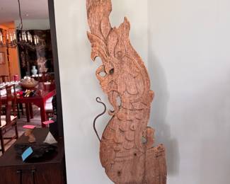 AntiqueThai Nag Carved Teak Roof Panel. Measures 50" H.