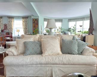 Marge Carson Down-Filled Upholstered Sofa. Measures 90" W x 40" D. Photo 1 of 3.