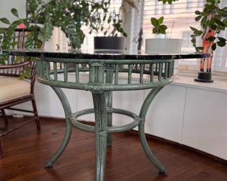 McGuire Chairs Pictured with McGuire Green Glass-Top Bamboo & Rattan Dining Table. Measures 42" D x 29" H with 28 6/8" Clearance. Photo 2 of 4.