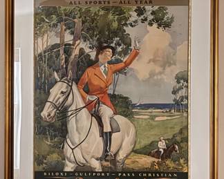 Paul Proehl Vintage Framed Poster Mississippi Gulf Coast Panama Illinois Central Railroad 1930s. Measures 38" W x 50" H Overall.