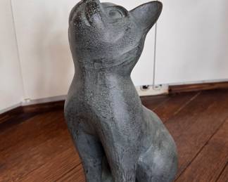 Garden Statue: Bronze Cat with Copper Butterfly on Nose. Photo 2 of 2.