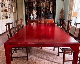 Red Lacquer Dining Table with Asian Styling Pictured with Michael Taylor For Baker Dining Chairs. Table Measures 55" x 106" x 29.5" with a 25.5" Clearance. Photo 3 of 5.
