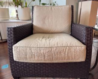McGuire Furniture Hand-Woven Rattan Club Chair with Custom Upholstered Cushions. Measures 33" W x 34" D. Photo 1 of 3.