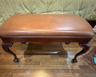 Hickory Chair Leather Upholstered Bench with Cabriole Legs and Ball & Claw Feet. Measures 17" x 34" x 20" H. Photo 1 of 6.