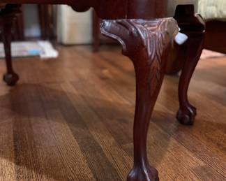 Hickory Chair Leather Upholstered Bench with Cabriole Legs and Ball & Claw Feet. Measures 17" x 34" x 20" H. Photo 5 of 6.