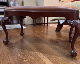Hickory Chair Leather Upholstered Bench with Cabriole Legs and Ball & Claw Feet. Measures 17" x 34" x 20" H. Photo 3 of 6.