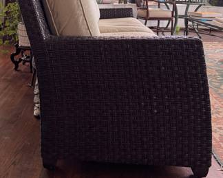 Vintage McGuire Furniture Hand-Woven Rattan Two-Seat Sofa with Custom Upholstered Cushions. Measures 80" W x 34" D. Photo 2 of 4.