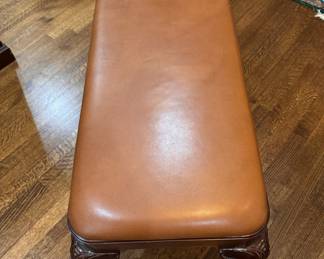 Hickory Chair Leather Upholstered Bench with Cabriole Legs and Ball & Claw Feet. Measures 17" x 34" x 20" H. Photo 6 of 6.